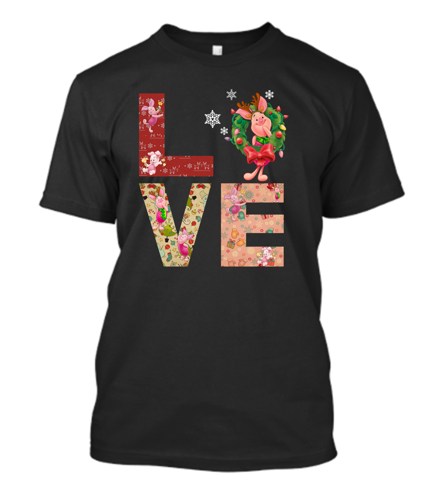 Love Christmas Piglet Reindeer Wreath Fun Snowflakes T-Shirt