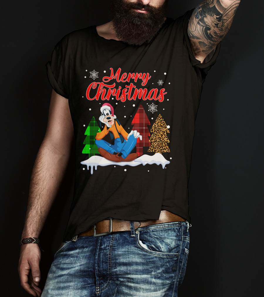 Merry Christmas Goofy With Plaid And Leopard Trees Snowflakes T-Shirt
