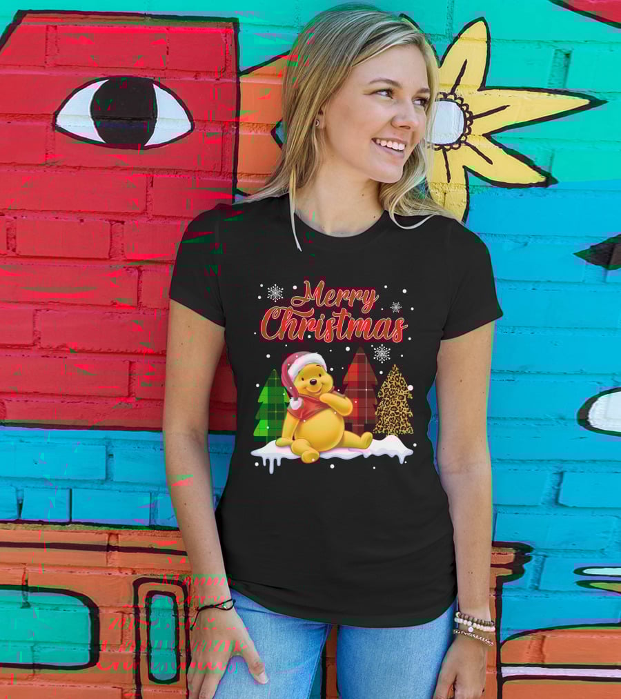Merry Christmas Pooh Snowflakes Plaid Trees Santa Hat T-Shirt
