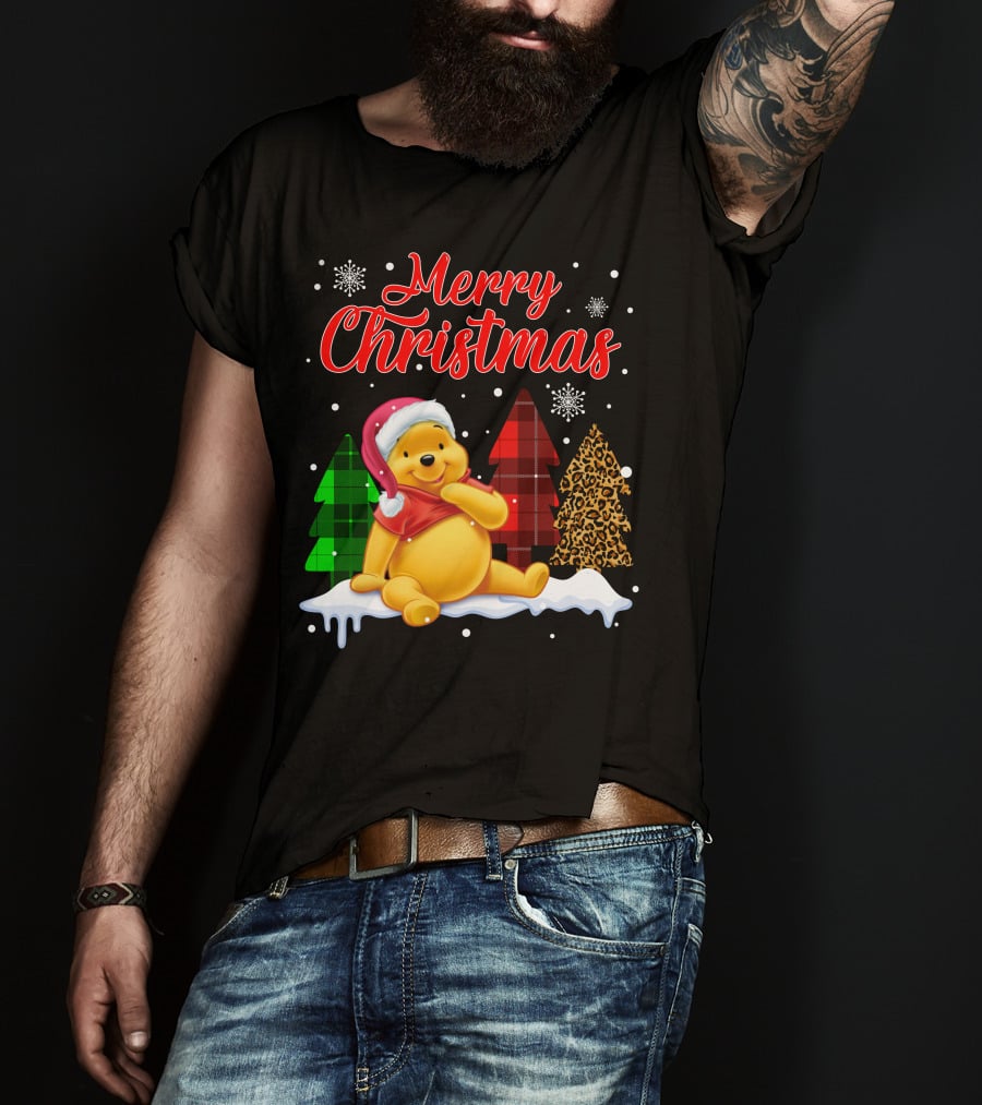 Merry Christmas Pooh Snowflakes Plaid Trees Santa Hat T-Shirt