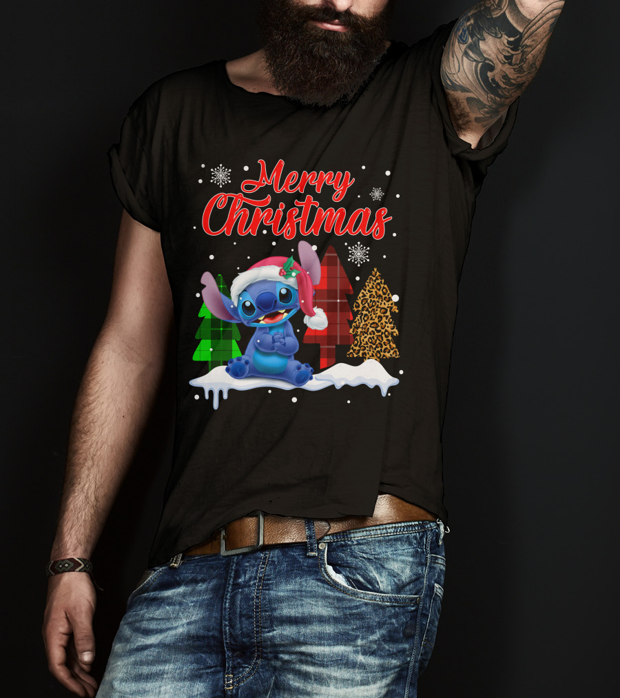 Merry Christmas Stitch Santa Hat Snow Plaid Trees T-Shirt
