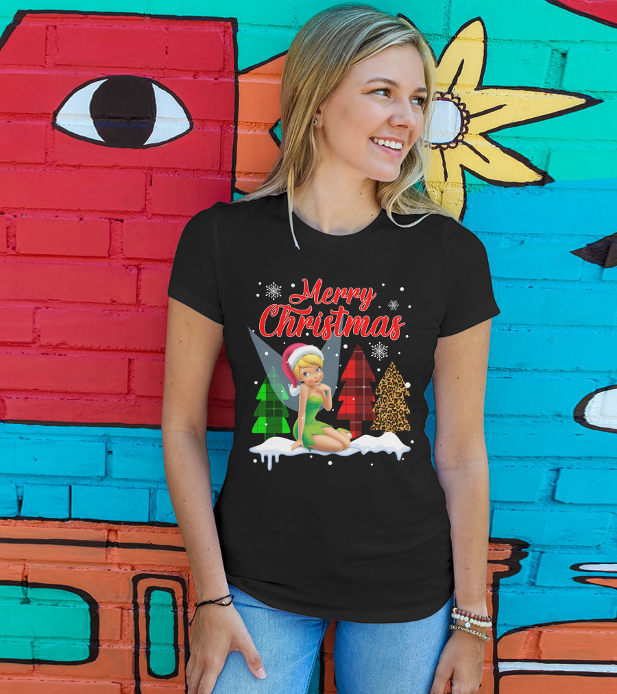 Merry Christmas Tinkerbell Santa Hat Plaid And Leopard Trees Snowflakes T-Shirt