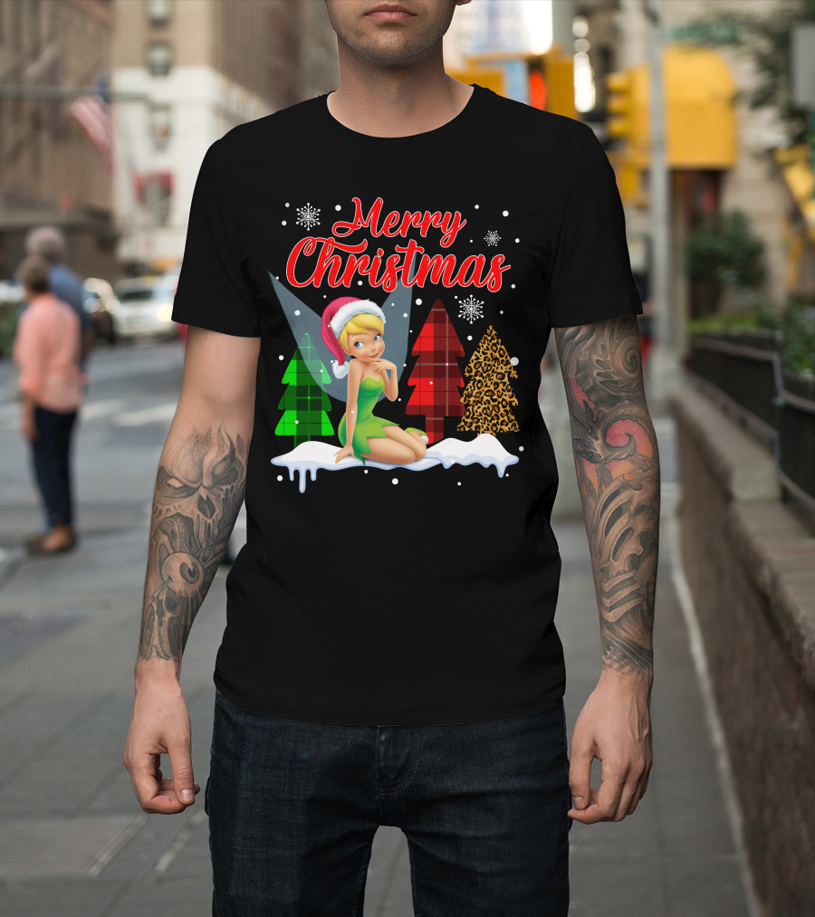 Merry Christmas Tinkerbell Santa Hat Plaid And Leopard Trees Snowflakes T-Shirt