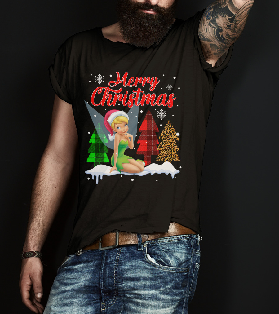Merry Christmas Tinkerbell Santa Hat Plaid And Leopard Trees Snowflakes T-Shirt