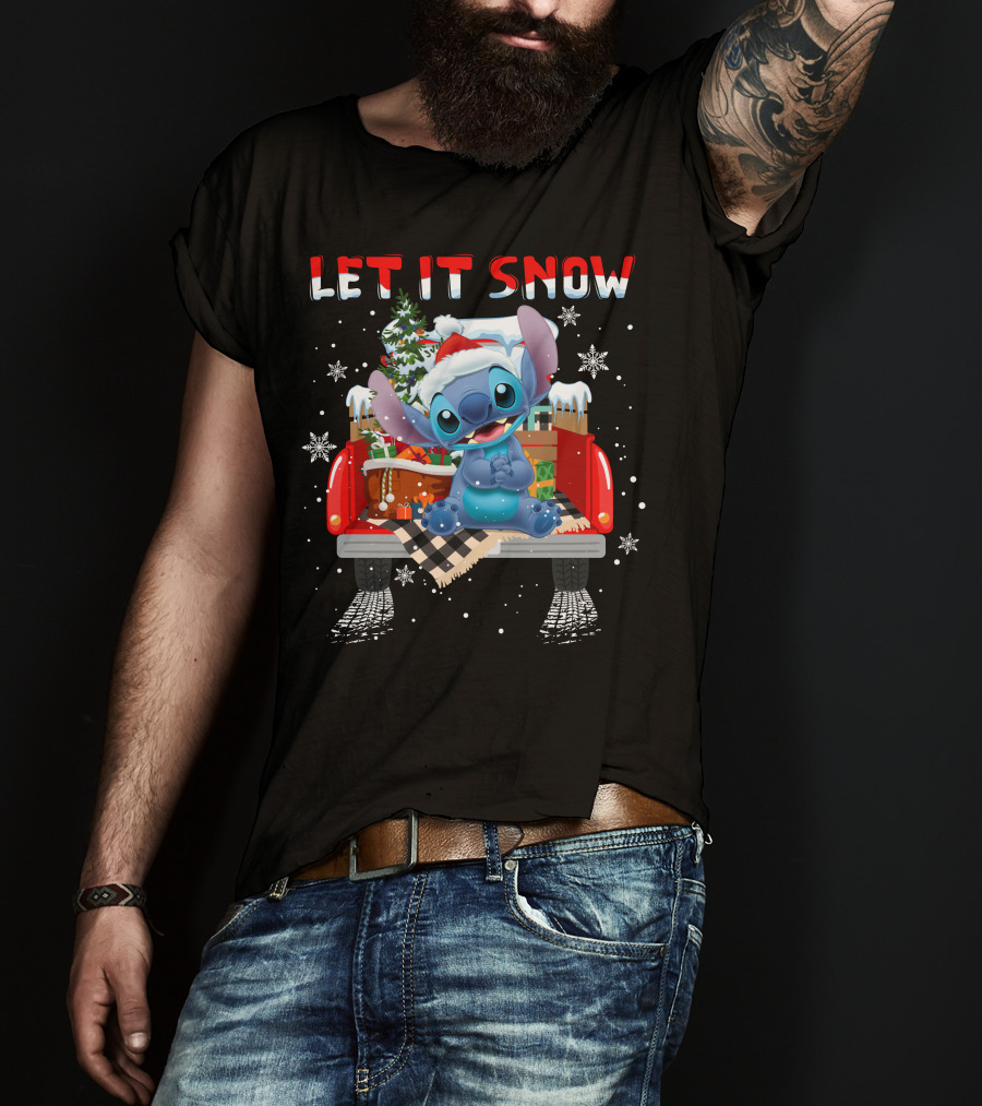 Let It Snow Stitch Christmas Santa Truck Snowflakes T-Shirt