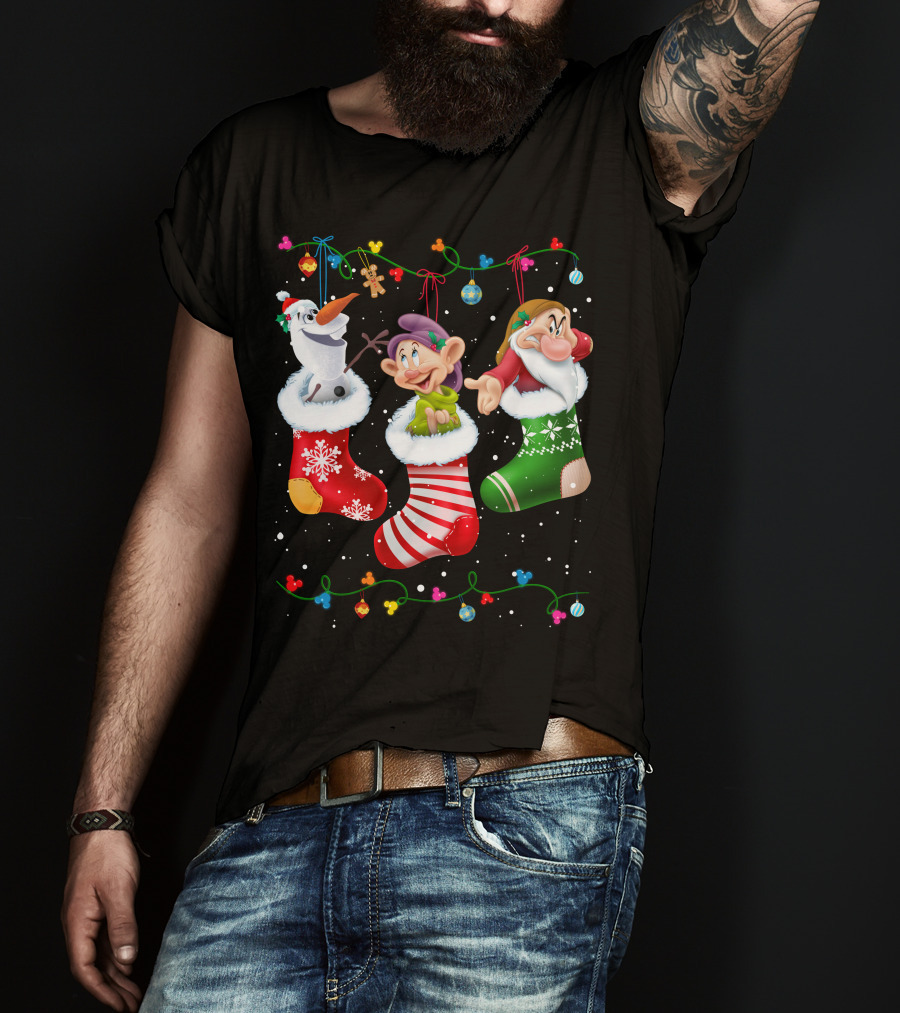 Olaf Dopey Grumpy Christmas Stockings Snowflake Garland T-Shirt