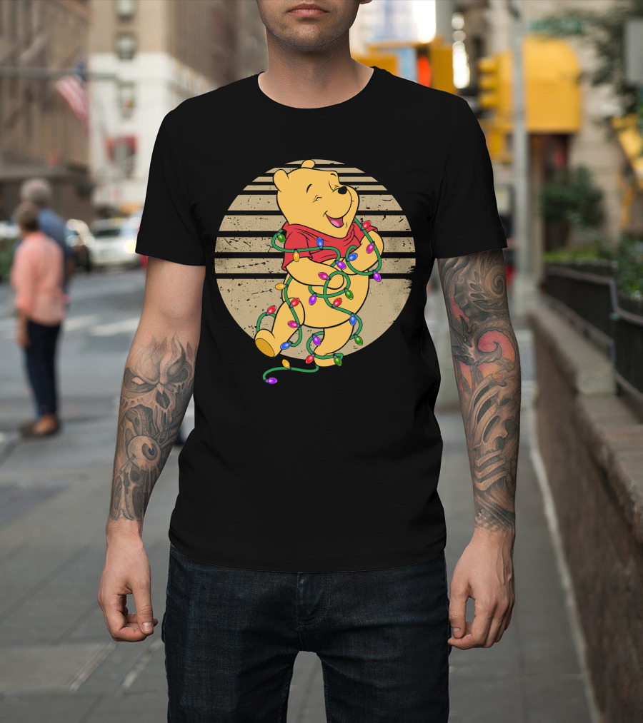 Pooh Wrapped In Christmas Lights And Stripes T-Shirt