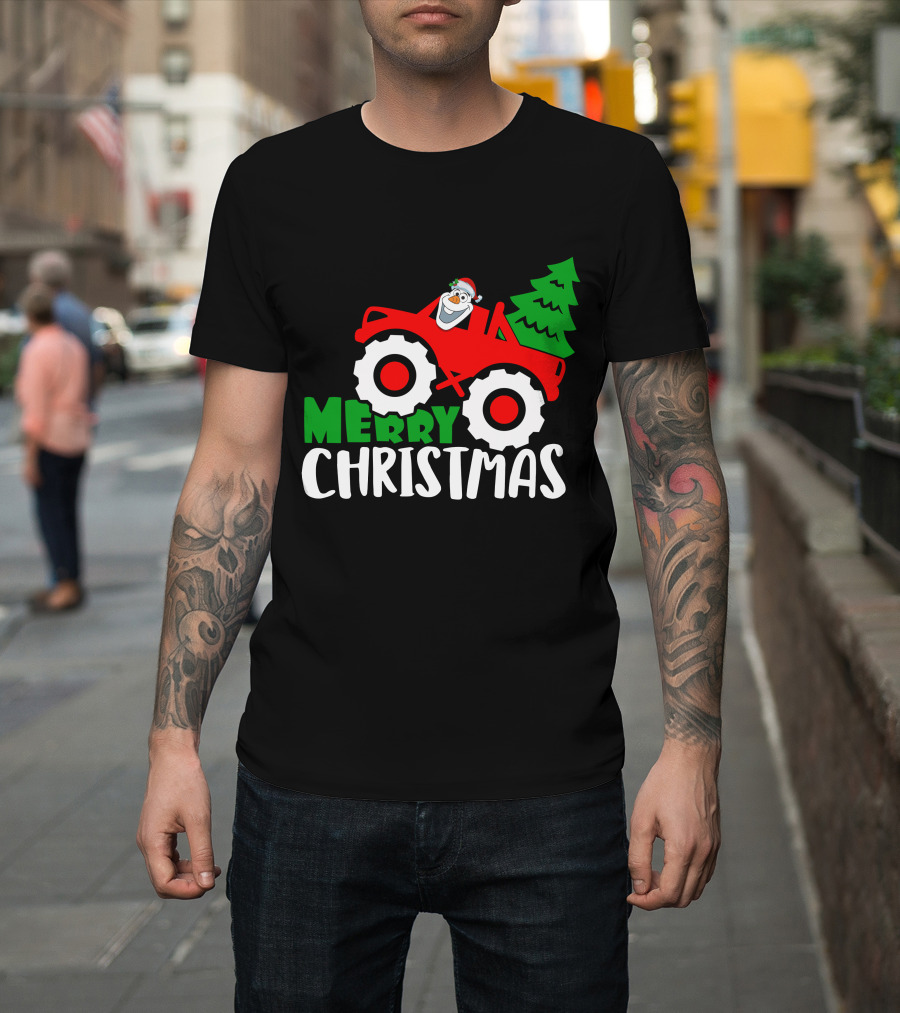 Merry Christmas Olaf Monster Truck With Santa Hat And Christmas Tree T-Shirt