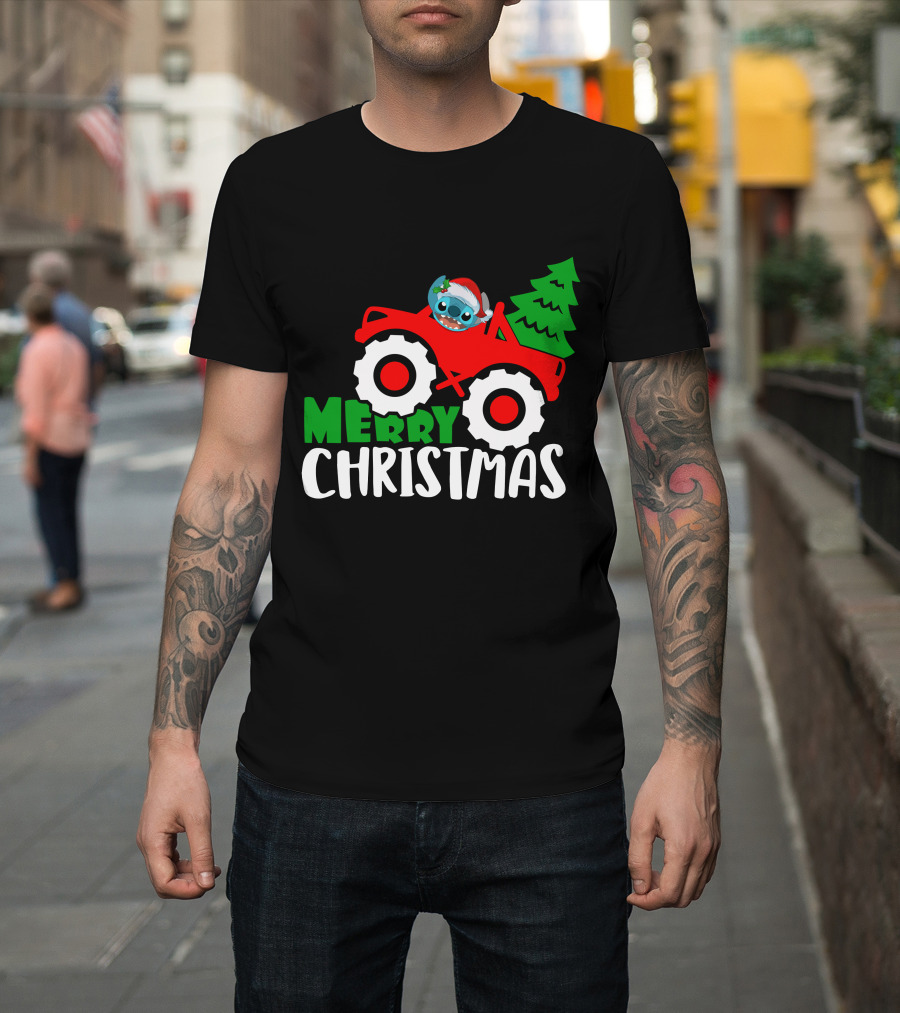 Merry Christmas Stitch Riding Red Truck With Tree T-Shirt