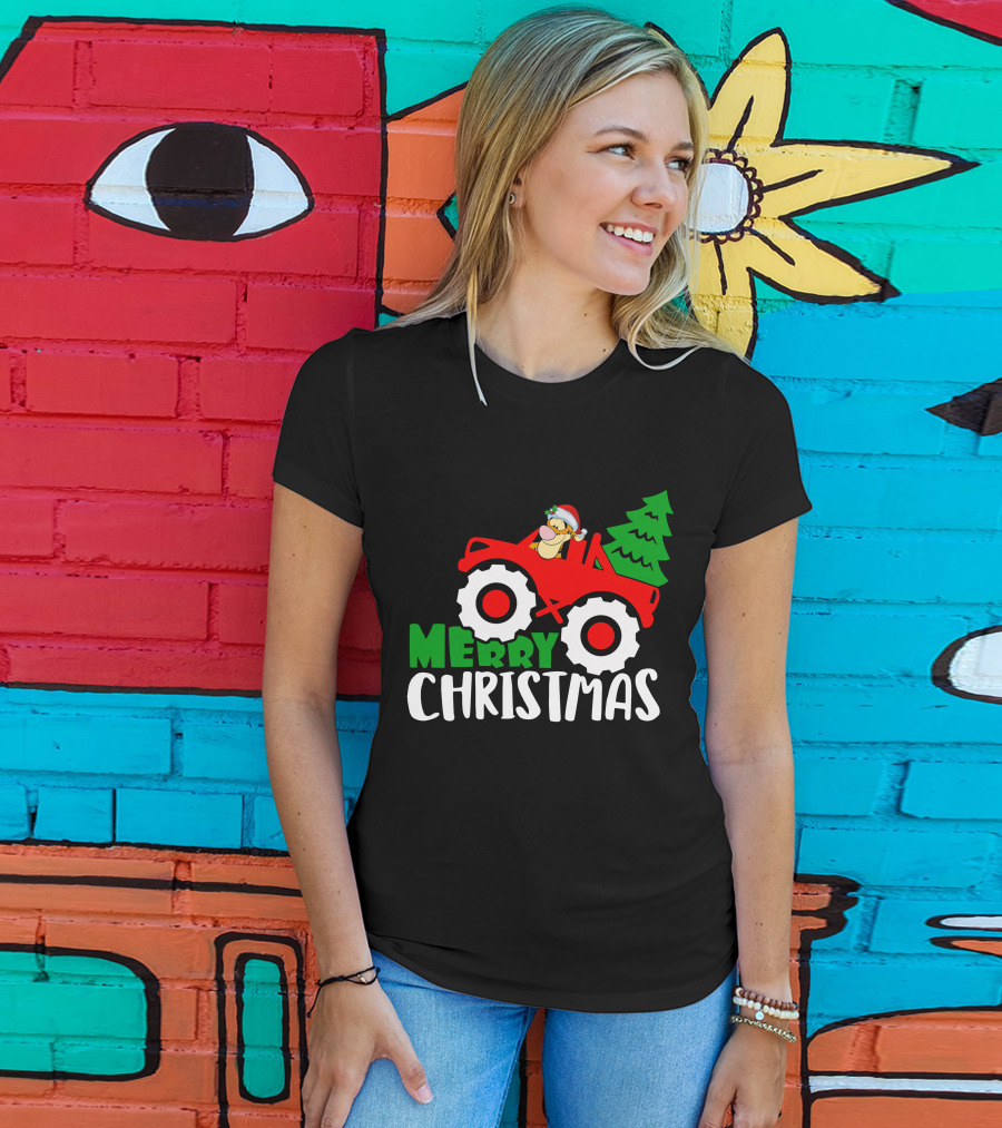Merry Christmas Tigger Santa Hat Tractor Tree T-Shirt