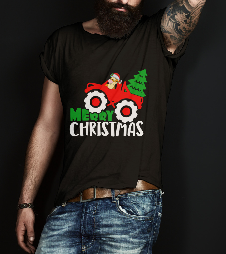 Merry Christmas Tigger Santa Hat Tractor Tree T-Shirt