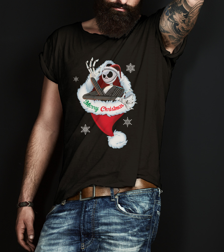 Jack Skellington Merry Christmas Santa Hat Snowflakes T-Shirt
