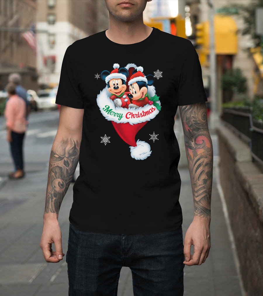 Merry Christmas Mickey Minnie Santa Hat Snowflakes T-Shirt