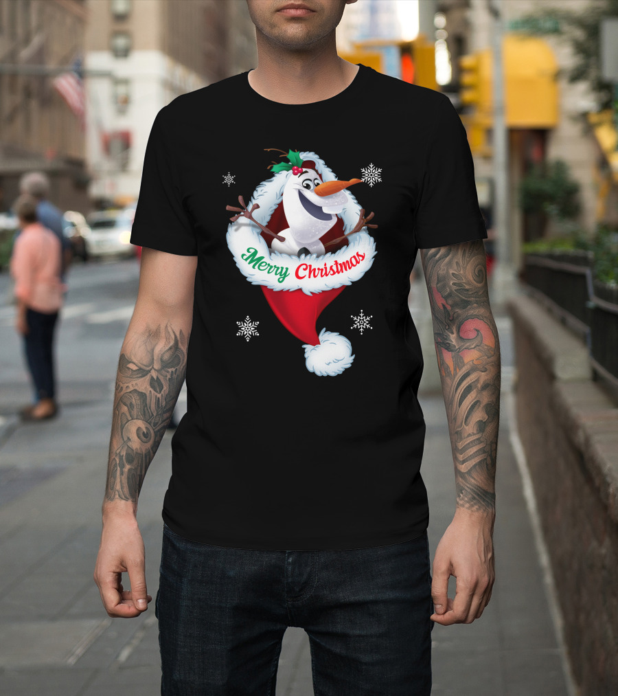 Olaf Merry Christmas Santa Hat With Snowflakes T-Shirt