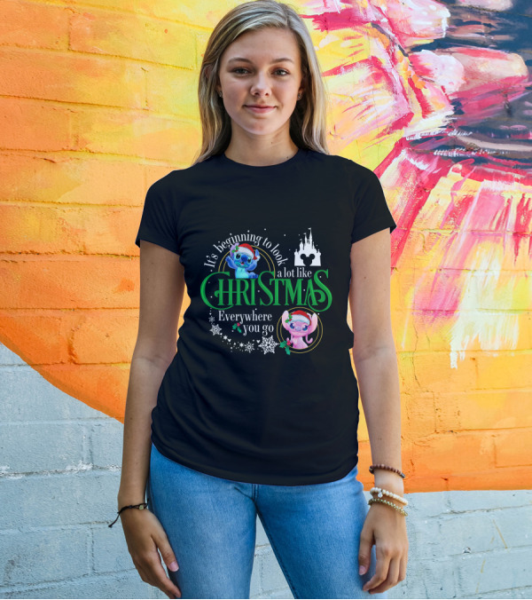 It's Beginning To Look A Lot Like Christmas Everywhere You Go Stitch And Angel T-Shirt