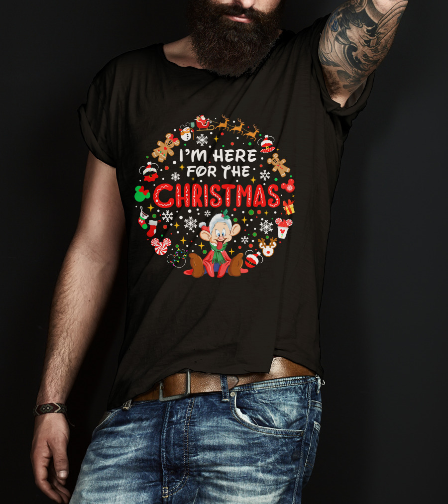 I'm Here For The Christmas Dopey Reindeer Snowflakes Gingerbread Santa Hat Fun T-Shirt