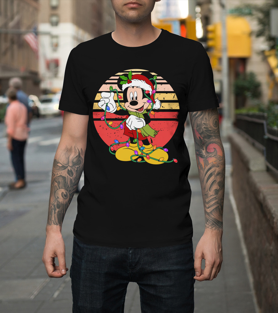 Mickey Christmas Lights Santa Hat Retro Holiday T-Shirt