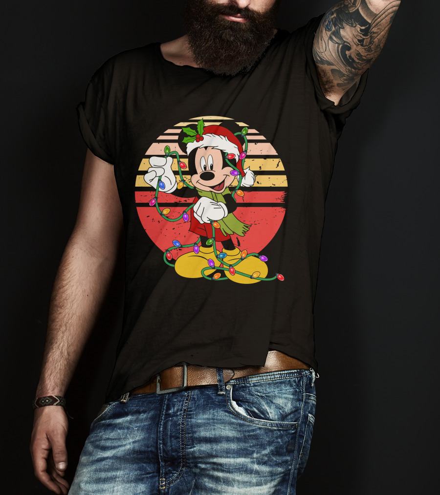 Mickey Christmas Lights Santa Hat Retro Holiday T-Shirt