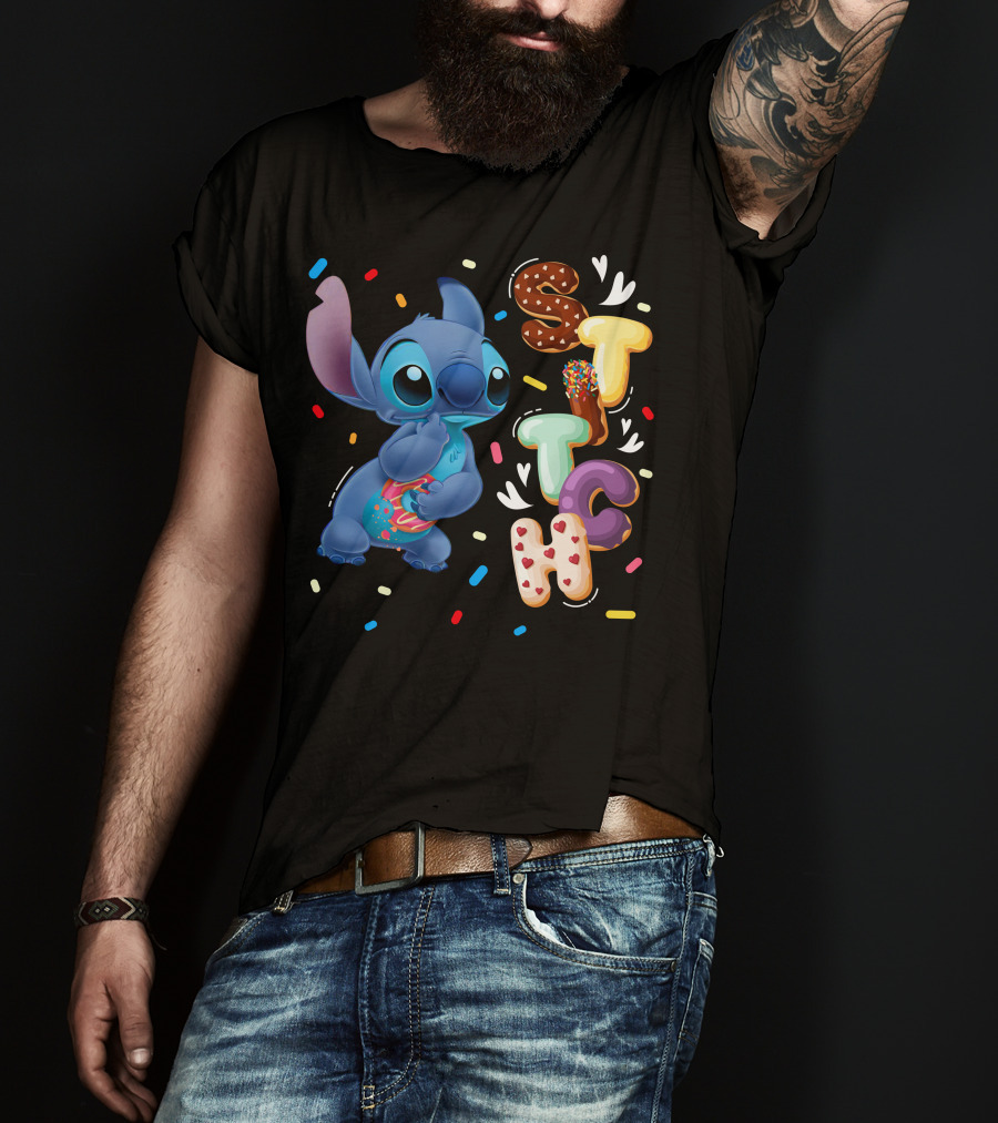 Stitch Donut Letter Sprinkles And Cute Blue Alien Character T-Shirt