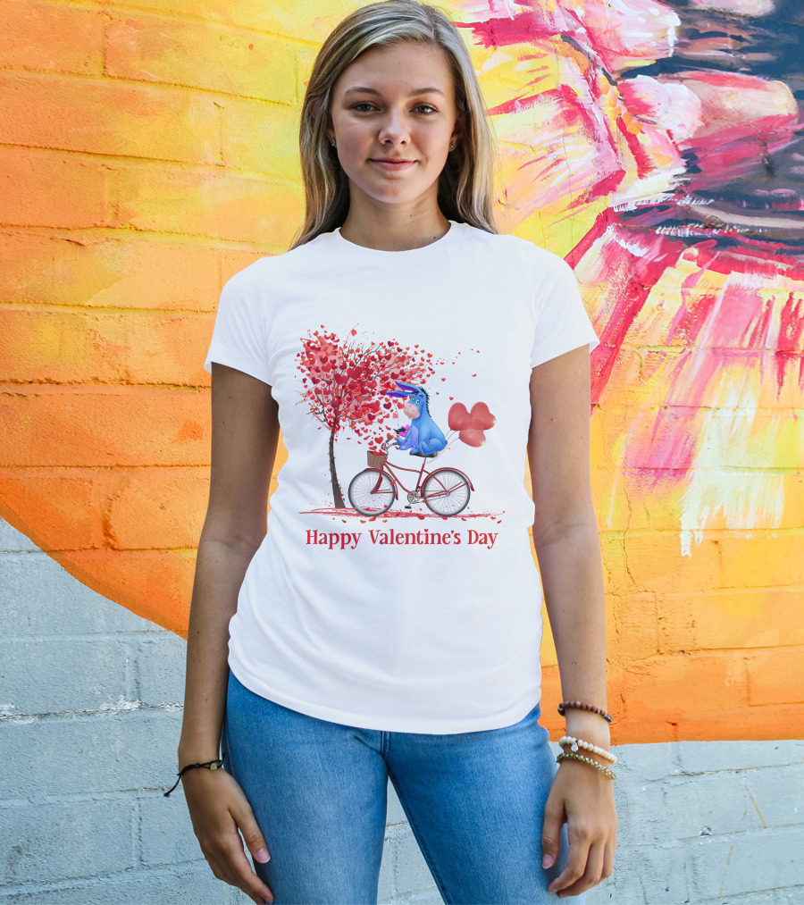 Happy Valentine's Day Eeyore On Bicycle With Heart Balloons And Tree Of Hearts T-Shirt