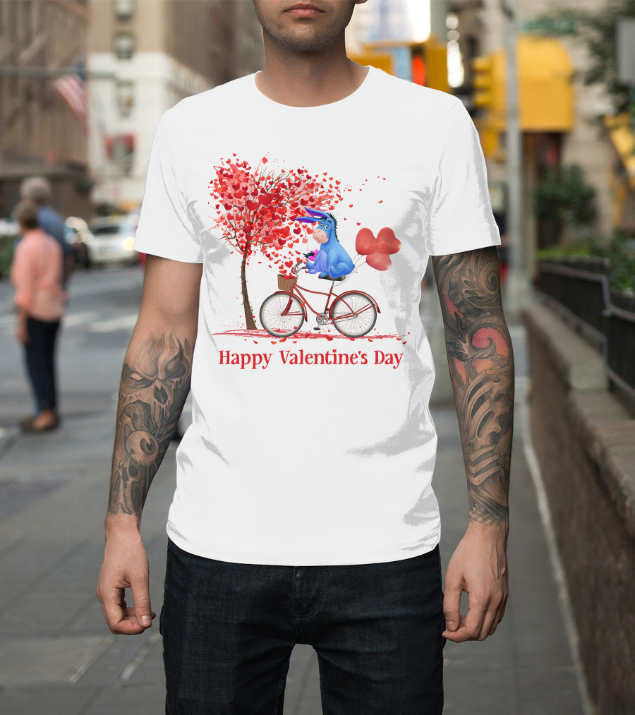 Happy Valentine's Day Eeyore On Bicycle With Heart Balloons And Tree Of Hearts T-Shirt