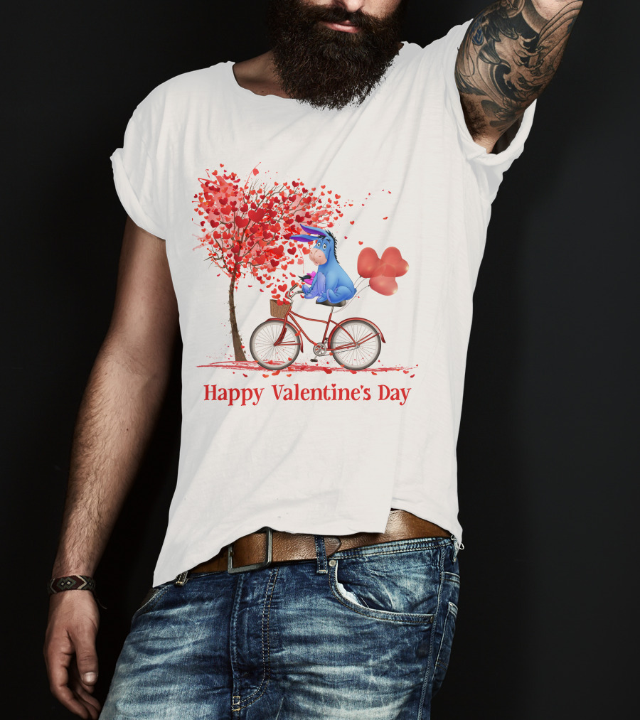 Happy Valentine's Day Eeyore On Bicycle With Heart Balloons And Tree Of Hearts T-Shirt