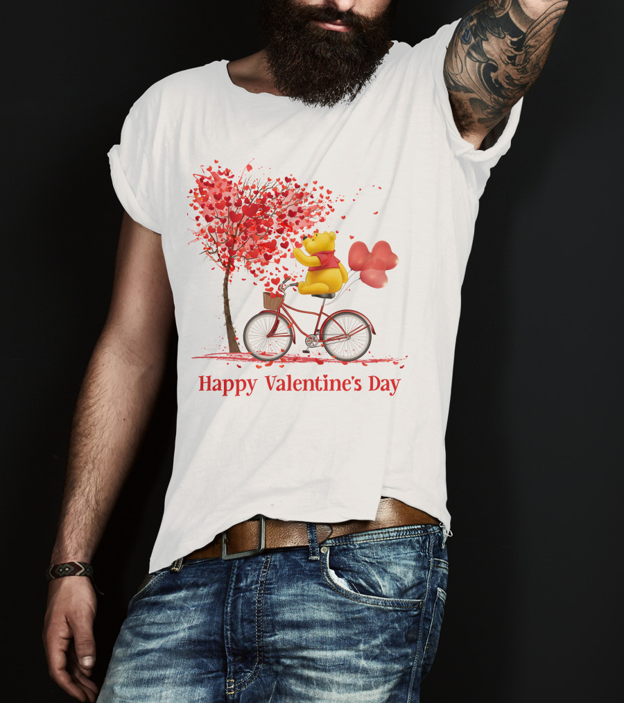 Happy Valentine's Day Bicycle Bear With Love Balloons And Heart Tree T-Shirt