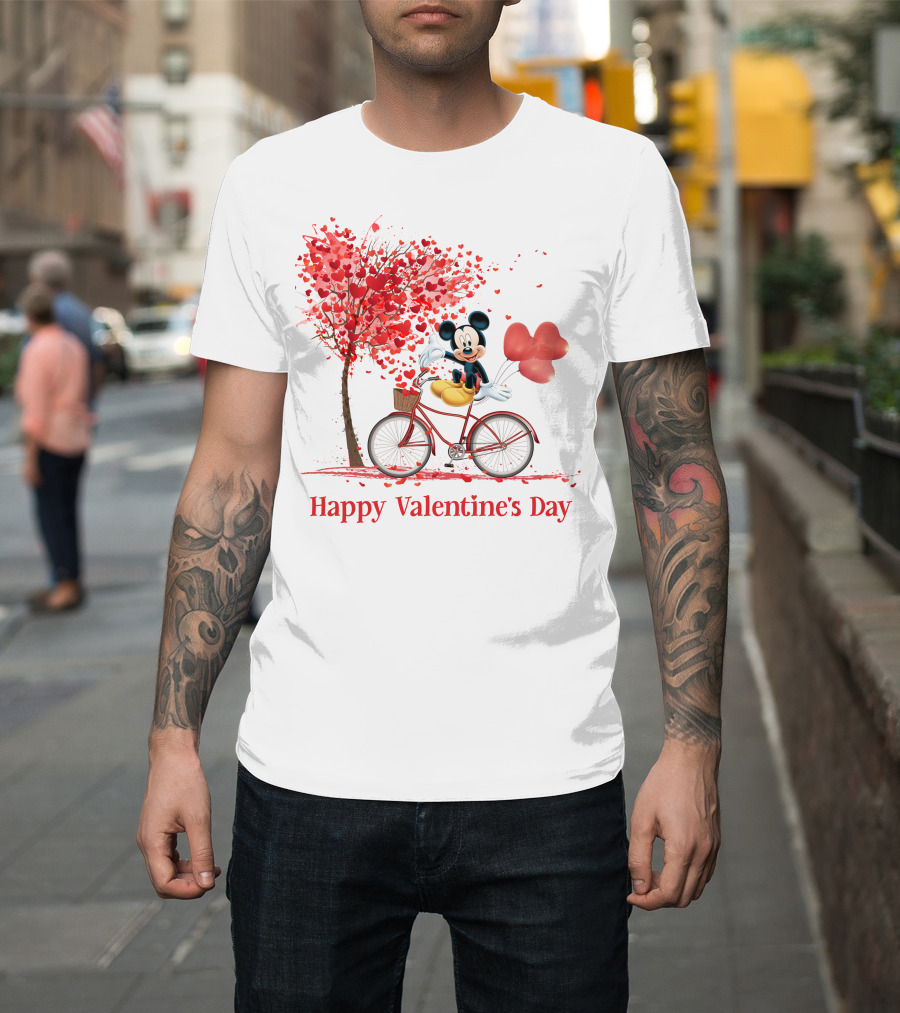 Happy Valentine's Day Mickey Mouse Hearts Bicycle Red Tree T-Shirt