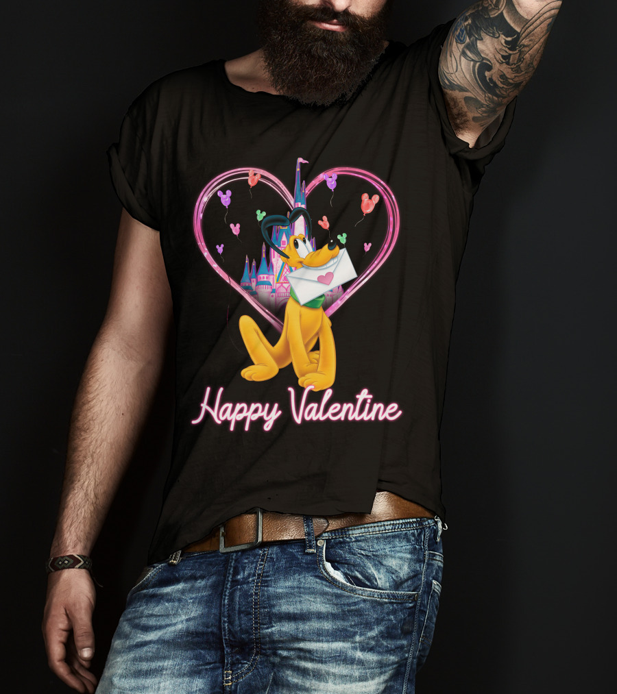Happy Valentine Pluto Letter Heart Balloons Castle T-Shirt
