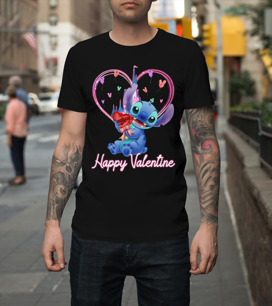 Happy Valentine Stitch Holding Heart With Castle And Balloons T-Shirt