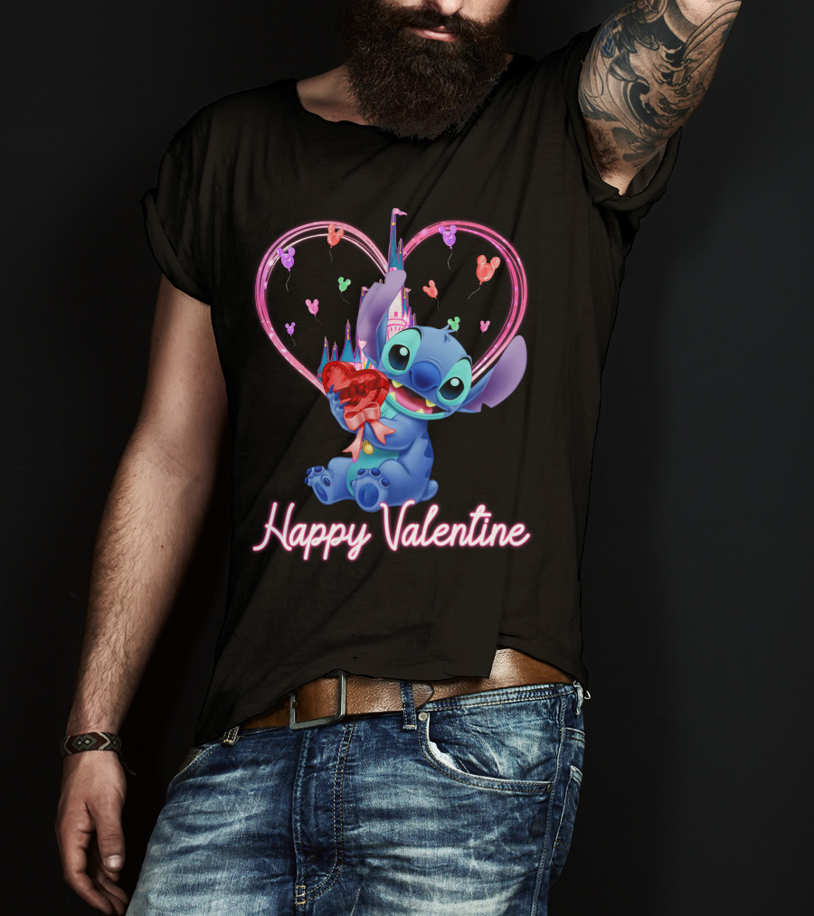 Happy Valentine Stitch Holding Heart With Castle And Balloons T-Shirt