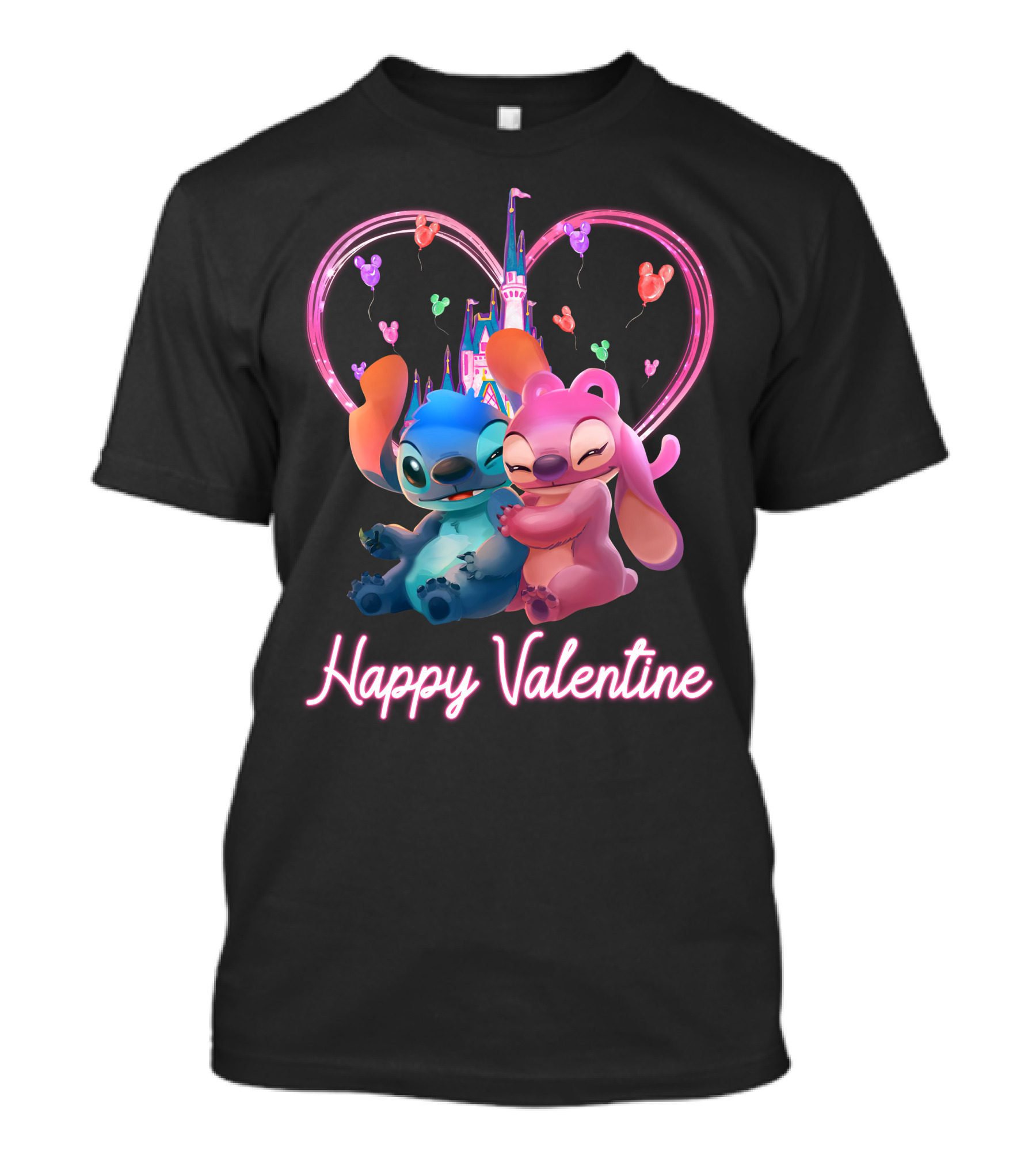 Happy Valentine Stitch Angel Castle Heart Balloons T-Shirt