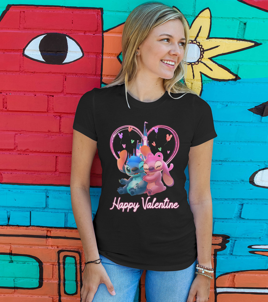 Happy Valentine Stitch Angel Castle Heart Balloons T-Shirt