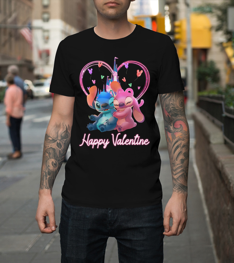 Happy Valentine Stitch Angel Castle Heart Balloons T-Shirt