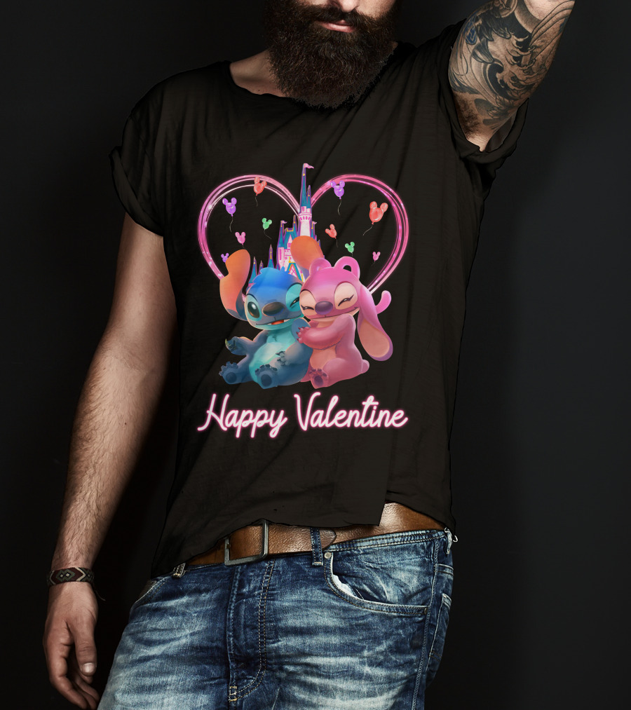 Happy Valentine Stitch Angel Castle Heart Balloons T-Shirt