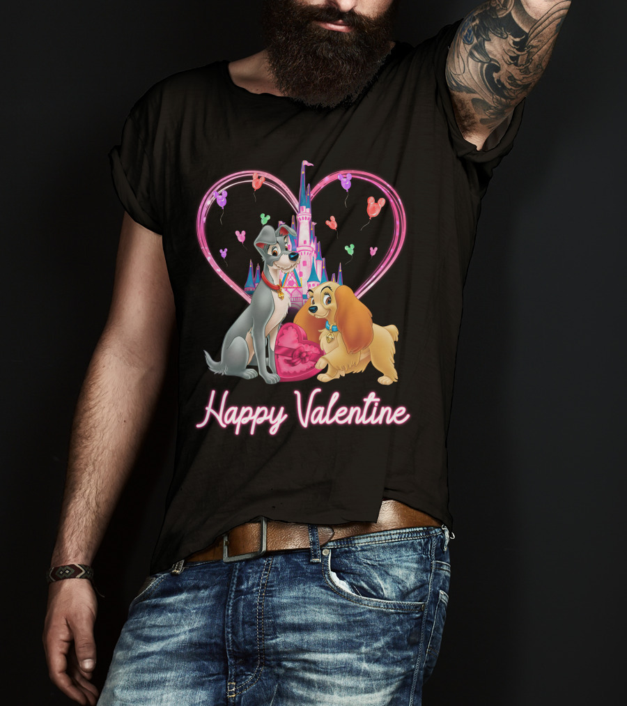 Happy Valentine Lady & The Tramp Heart Castle Balloons T-Shirt