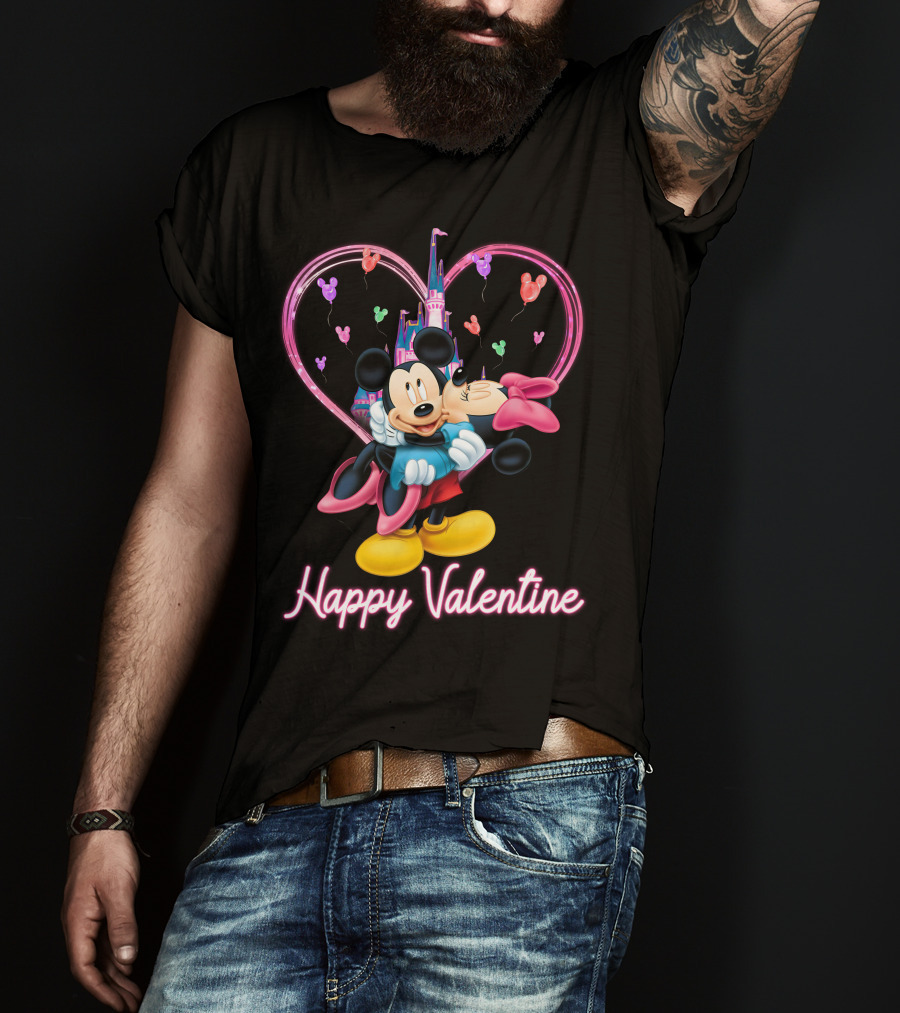 Mickey & Minnie Happy Valentine Heart And Castle Celebration T-Shirt