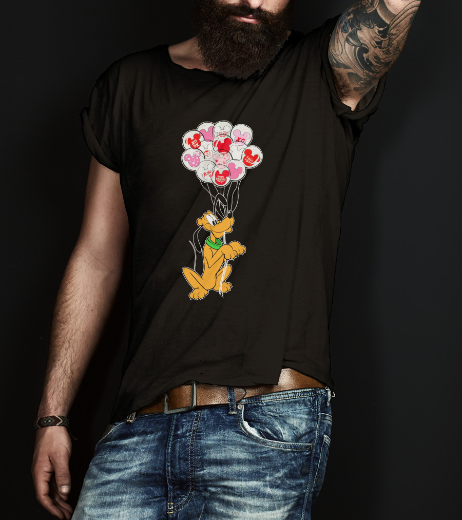 Pluto Holding Mickey And Minnie Balloons With Hearts And Xo Patterns T-Shirt