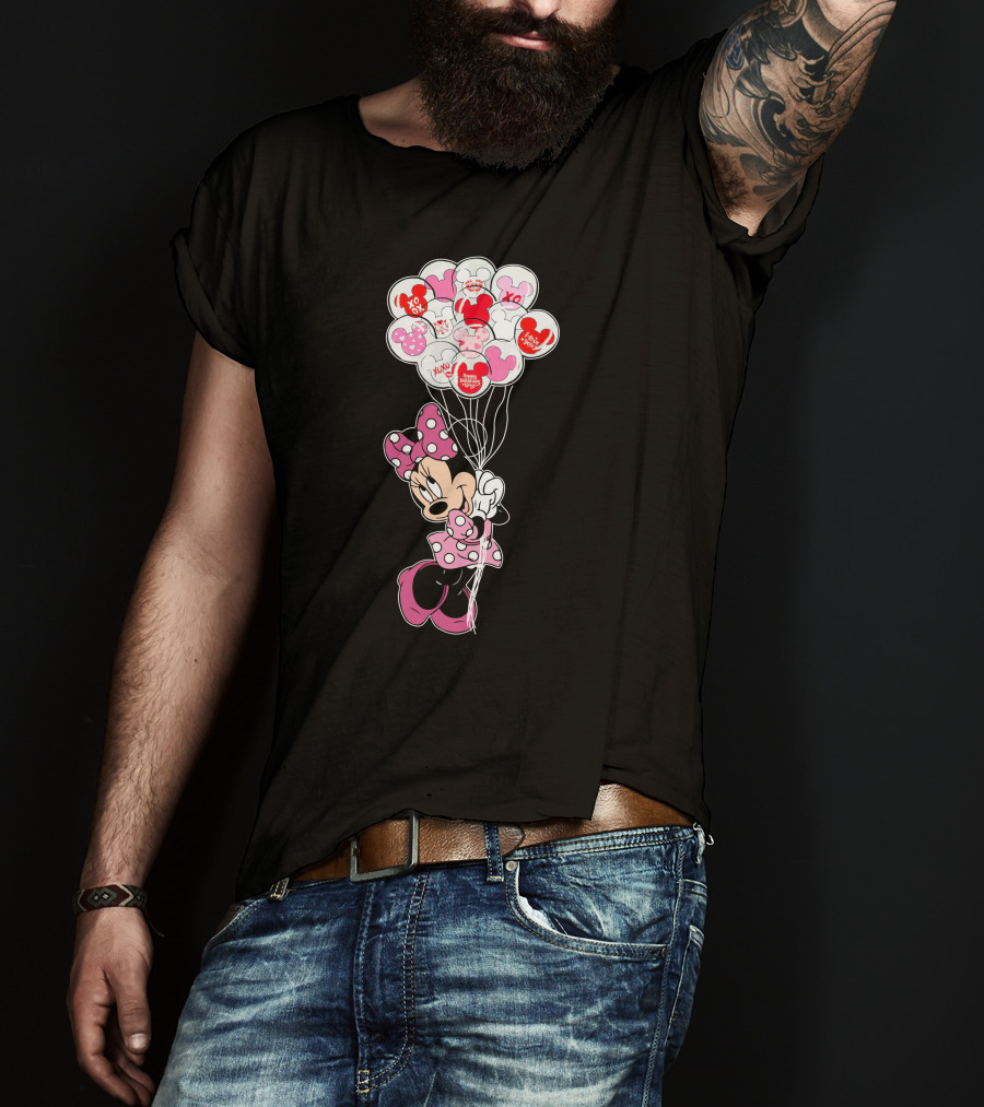 Minnie Mouse Holding Heart Balloons With Xoxo And Hugs Kisses Patterns T-Shirt