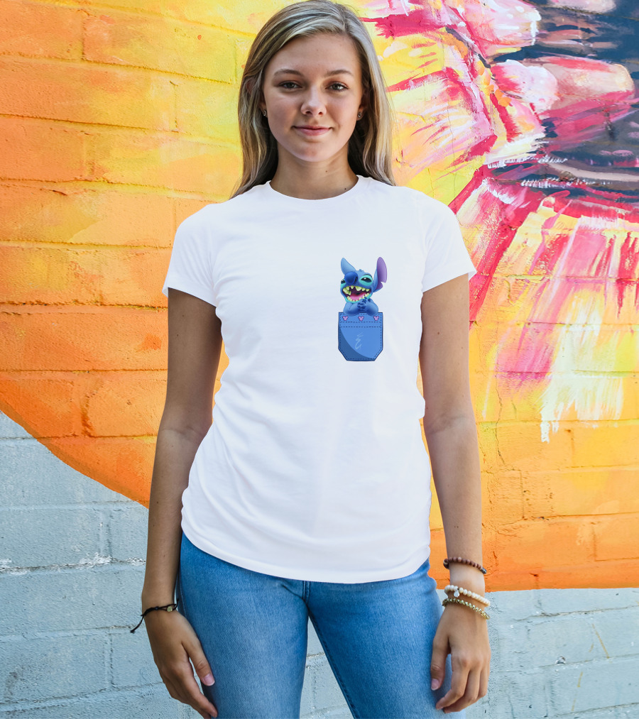Stitch Pocket Smiling Face With Purple Ears T-Shirt