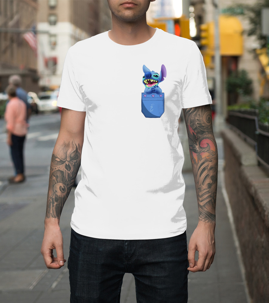 Stitch Pocket Smiling Face With Purple Ears T-Shirt