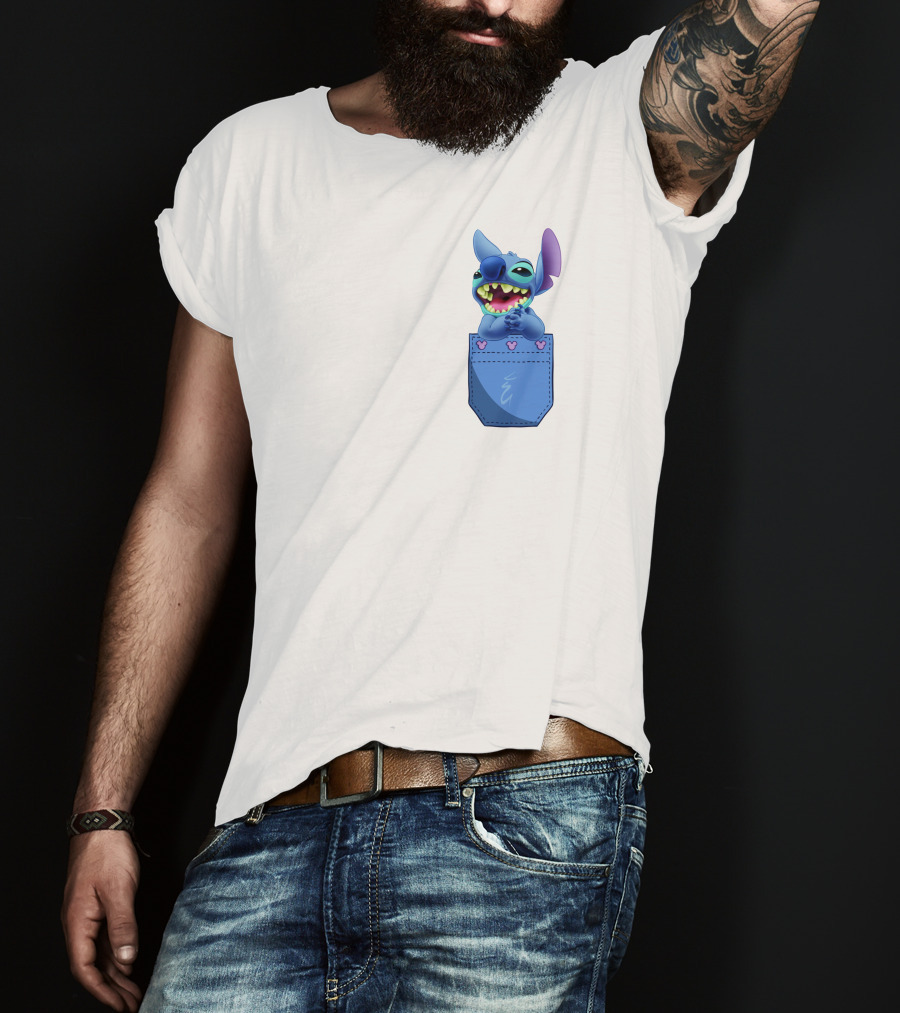 Stitch Pocket Smiling Face With Purple Ears T-Shirt