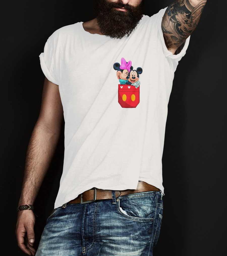 Mickey Mouse And Minnie Mouse In Red Pocket With Hearts And Bow T-Shirt