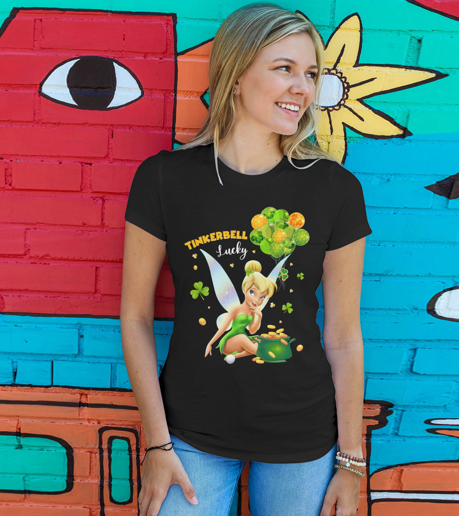 Tinkerbell Lucky Balloons And Clover With Pot Of Gold T-Shirt