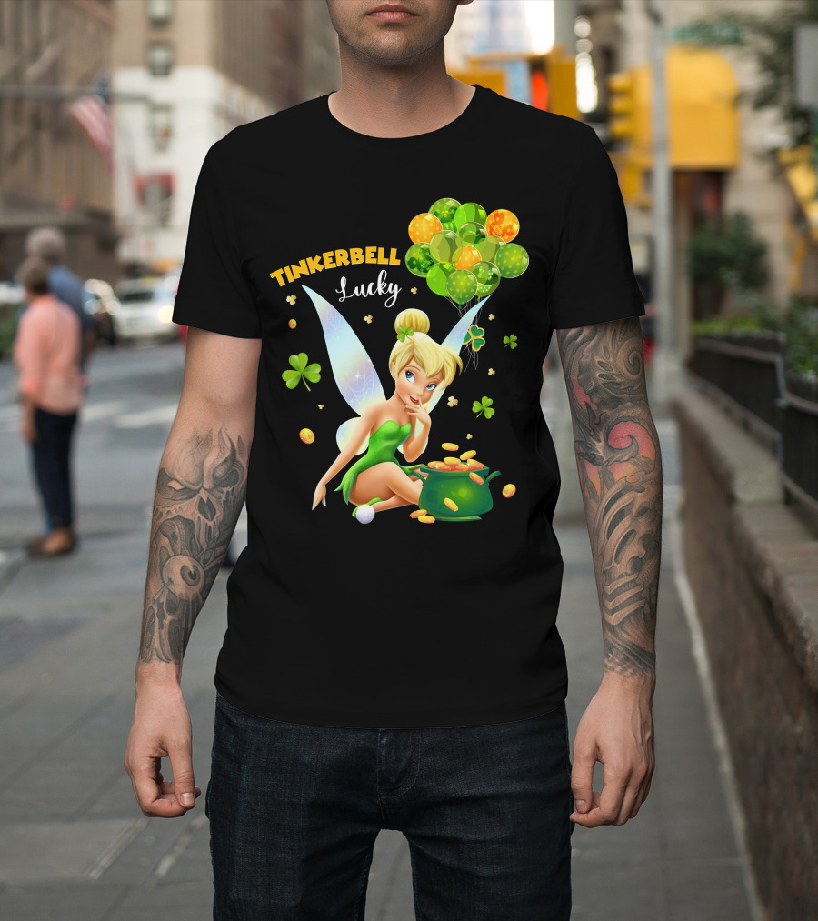 Tinkerbell Lucky Balloons And Clover With Pot Of Gold T-Shirt