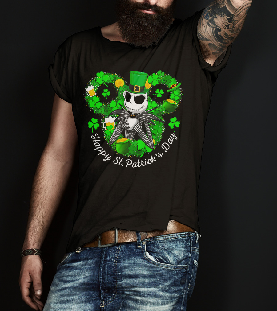 Jack Skellington Happy St. Patrick's Day Shamrocks And Leprechaun Hat T-Shirt