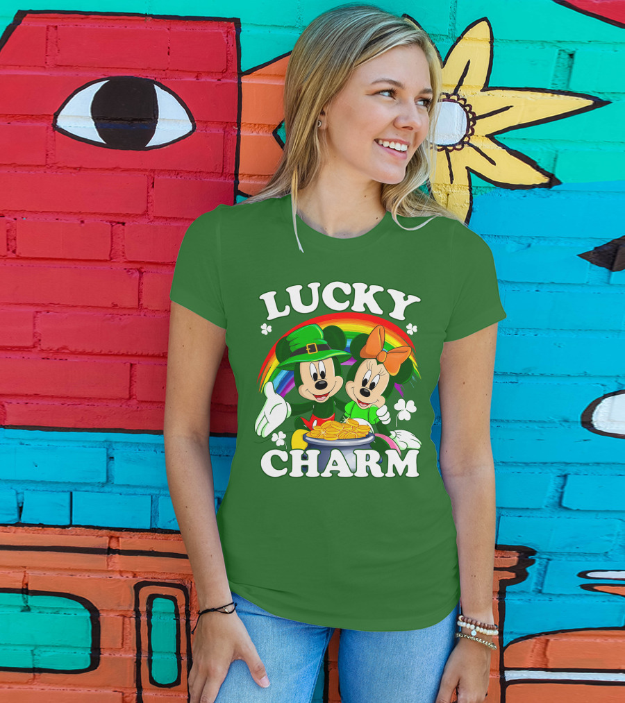 Lucky Charm Mickey And Minnie Rainbow Shamrock Coins T-Shirt
