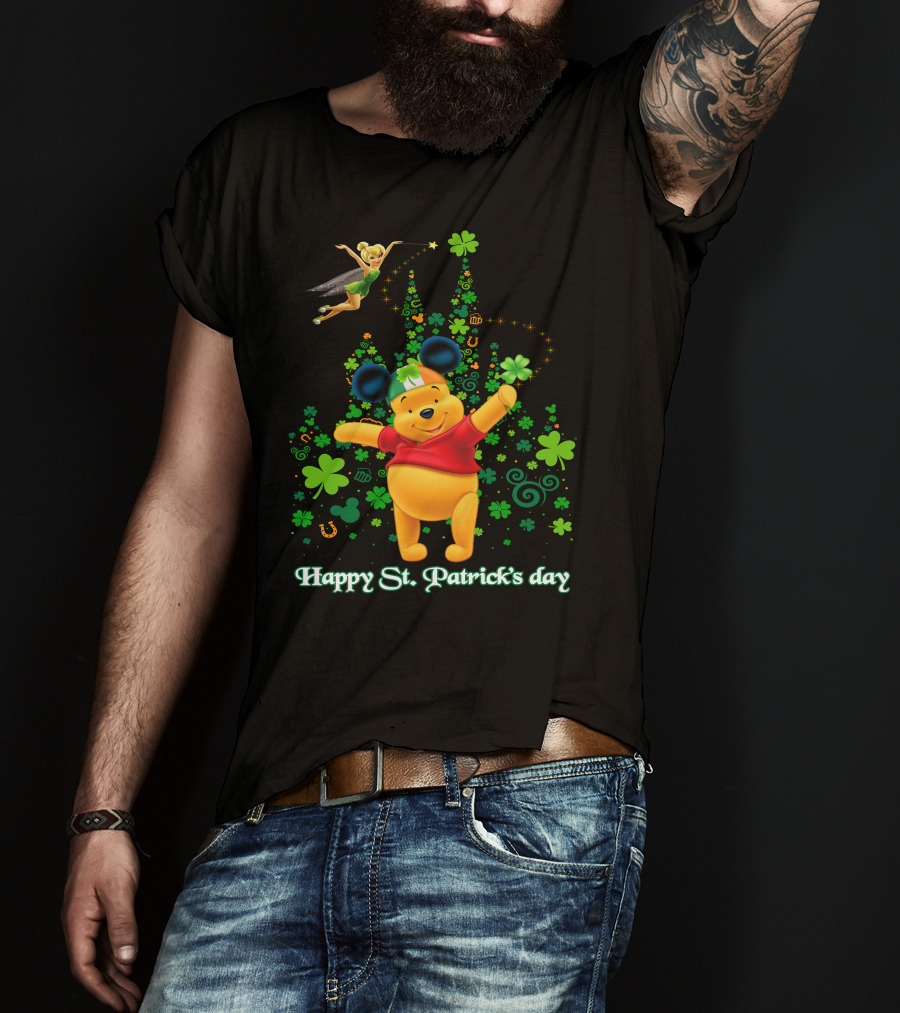 Happy St. Patrick's Day Pooh And Tinker Bell With Mickey Ears And Shamrocks T-Shirt