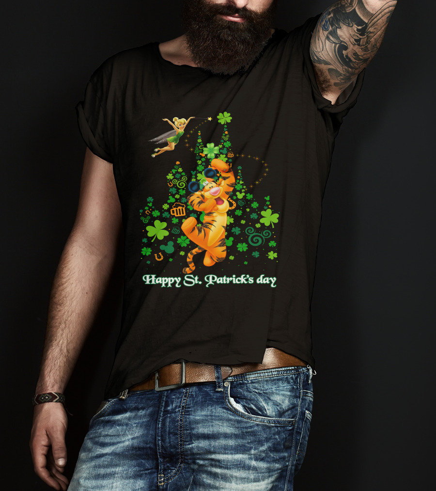 Happy St. Patrick's Day Tigger And Tinkerbell Celebration With Shamrocks And Icons T-Shirt