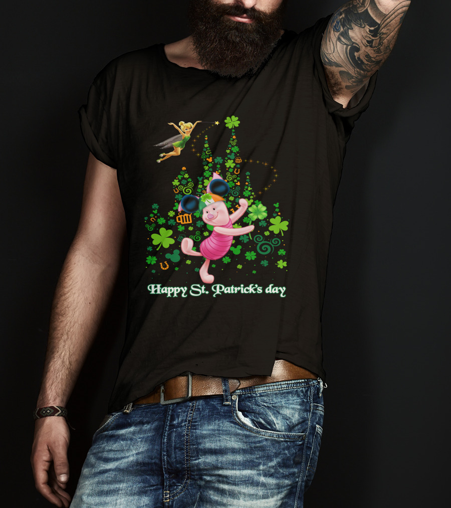 Happy St. Patrick's Day Piglet Tinker Bell Mickey Ears Shamrock Castle T-Shirt